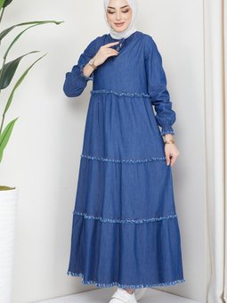 Önü Bağcık Detaylı Kot Elbise Koyu Mavi