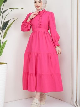 Önü Fırfırlı Kolu Bağlamalı Elbise Fuşya