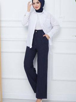 Pileli Çizgili Pantolon Lacivert Hm2354