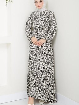 Yaprak Desenli Viskon Elbise Siyah Hm2467