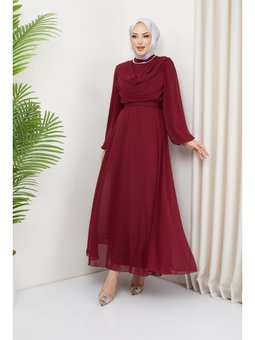 Büyük Beden Ariyana Şal Yaka Abiye Elbise Bordo