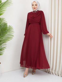 Büyük Beden Ariyana Şal Yaka Abiye Elbise Bordo