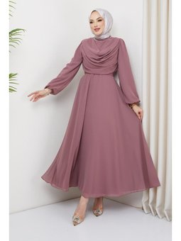 Büyük Beden Ariyana Şal Yaka Abiye Elbise Gül Kurusu