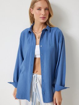 İndigo Mavi Oversize Uzun Keten Ayrobin Gömlek To00141