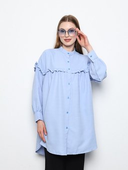 Göğüs Ve Omuz Fırfırlı Uzun Tunik Mavi