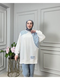 Denim Garnili Taşlı Sweat