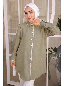 Haki Ön Yaka Detaylı Keten Gömlek