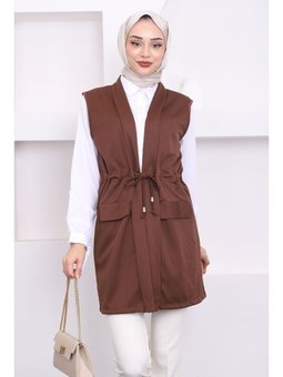 Kahverengi Sahte Cepli Bel Bağlamalı Yelek