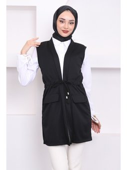 Siyah Sahte Cepli Bel Bağlamalı Yelek
