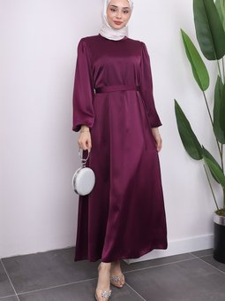 Mürdüm Hakim Yaka Balon Kol Saten Abiye Elbise