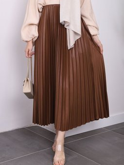 Taba Deri Görünümlü Piliseli Etek