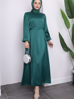 Zümrüt Yeşili Hakim Yaka Balon Kol Saten Abiye Elbise