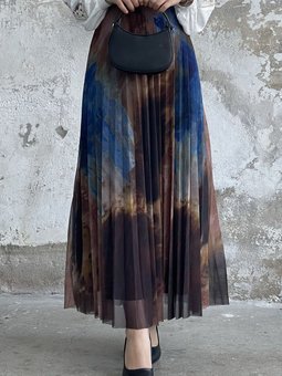 Batik Desen Astarlı Tül Etek Mavi