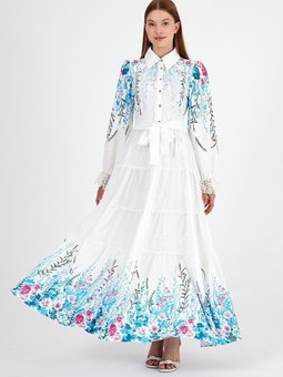 Çiçekli Kuşaklı Katlı Dantel Elbise