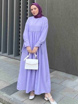 Düşük Kol Bağlamalı Keten Elbise