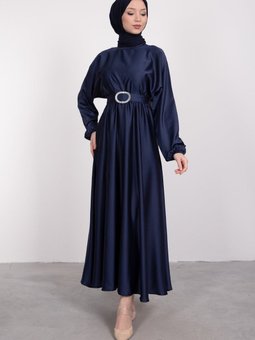 Kloş Kesim Kemer Detaylı Saten Elbise Lacivert