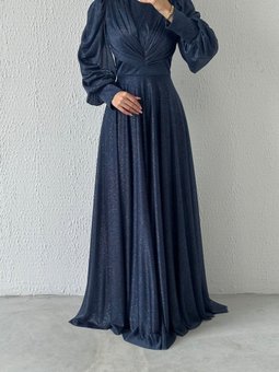 Drape Detaylı Simli Abiye Elbise Lacivert