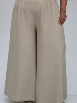 Bej Büyük Beden Beli Lastikli Keten Pantolon Etek