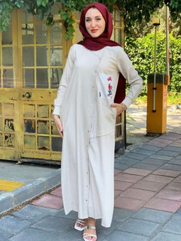 Bej Saten Detay Tam Boy Düğmeli Spor Elbise