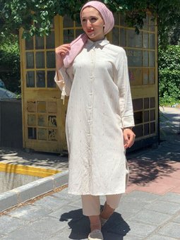 Bej Uzun Keten Gömlek Tunik