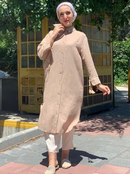 Camel Uzun Keten Gömlek Tunik