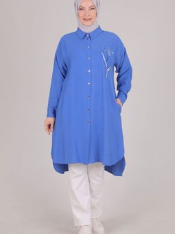 Çivit Mavi Büyük Beden Nakış İşlemeli Tunik
