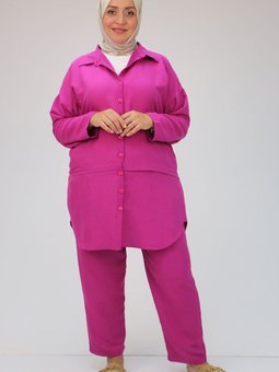 Fuşya Büyük Beden Önden Patlı Mucize Pantolonlu Takım