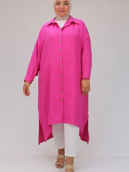 Fuşya Büyük Beden Yanı Yırtmaçlı Keten Tunik