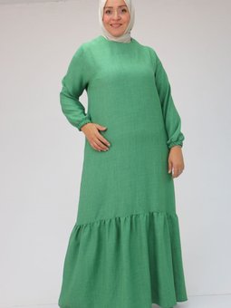 Haki Büyük Beden Eteği Büzgülü Keten Elbise