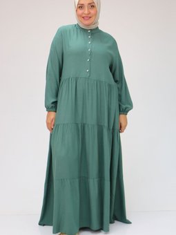 Haki Büyük Beden Yarım Patlı Dokuma Viskon Elbise