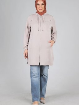 İstiridye Büyük Beden Kapüşonlu Spor Kap