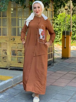 Kahve Saten Detay Tam Boy Düğmeli Spor Elbise