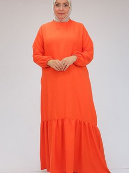 Kiremit Büyük Beden Eteği Büzgülü Keten Elbise