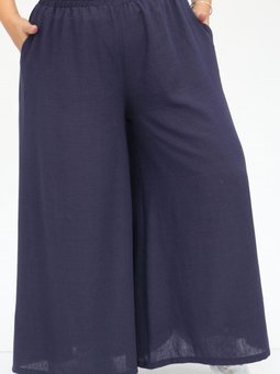 Lacivert Büyük Beden Beli Lastikli Keten Pantolon Etek