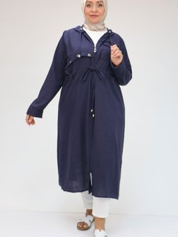 Lacivert Büyük Beden Keten Kapüşonlu Kap