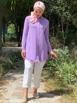 Lila Tensel Püskül Detyalı Gömlek Tunik