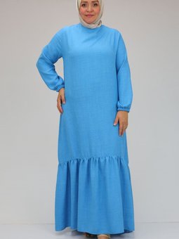 Mavi Büyük Beden Eteği Büzgülü Keten Elbise