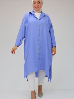 Mavi Büyük Beden Yanı Yırtmaçlı Keten Tunik