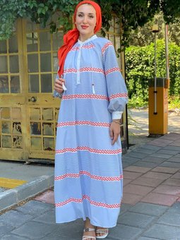 Mavi Poplin Etnik Elbise