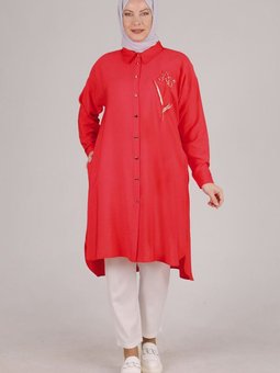 Mercan Büyük Beden Nakış İşlemeli Tunik