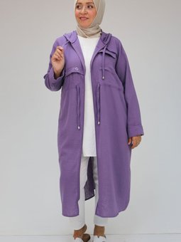 Mor Büyük Beden Keten Kapüşonlu Kap