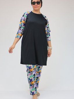 Renkli Desen Büyük Beden Uzun Kol Taytlı Takım Tam Kapalı Mayo