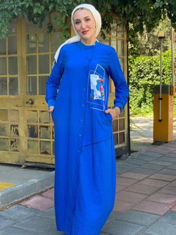 Saks Mavisi Saten Detay Tam Boy Düğmeli Spor Elbise