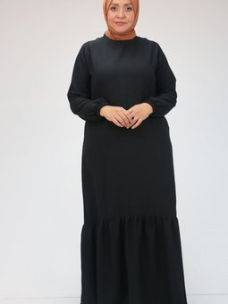 Siyah Büyük Beden Eteği Büzgülü Keten Elbise