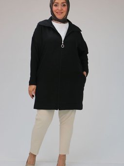 Siyah Büyük Beden Keten Airobin Erkek Yaka Fermuarlı Kap