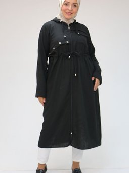 Siyah Büyük Beden Keten Kapüşonlu Kap