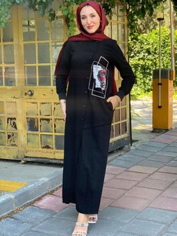 Siyah Saten Detay Tam Boy Düğmeli Spor Elbise