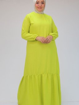 Yağ Yeşili Büyük Beden Eteği Büzgülü Keten Elbise