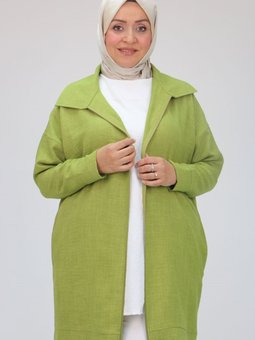 Yağ Yeşili Büyük Beden Keten Airobin Erkek Yaka Fermuarlı Kap