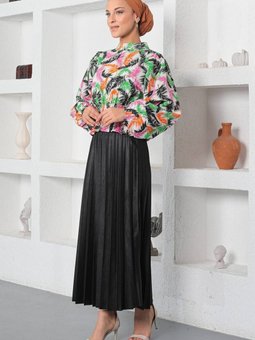 Desenli Lastikli Bluz Siyah 19800